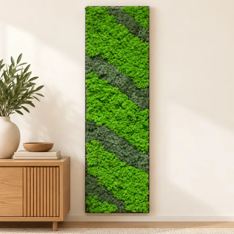 Panou vertical cu licheni verde intens și benzi diagonale gri-verzi, 100x30 cm, vedere pe perete