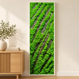 Panou vertical cu licheni verzi, scoarță diagonală și ramă albă, 100x30 cm, vedere pe perete