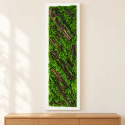 Panou vertical cu licheni verzi, scoarță naturală și ramă albă, 100x30 cm, vedere pe perete