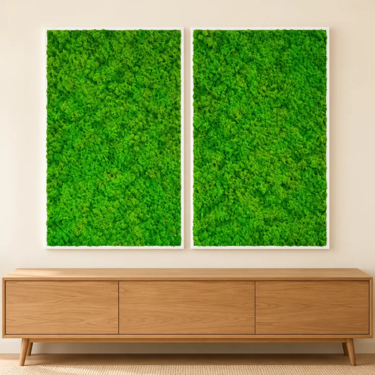 Set de două panouri verticale cu licheni verzi și rame albe, 100x80 cm, vedere pe perete