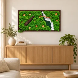 Tablou cu licheni stabilizați 70×40 cm, scoarță și pietre albe, vedere pe perete