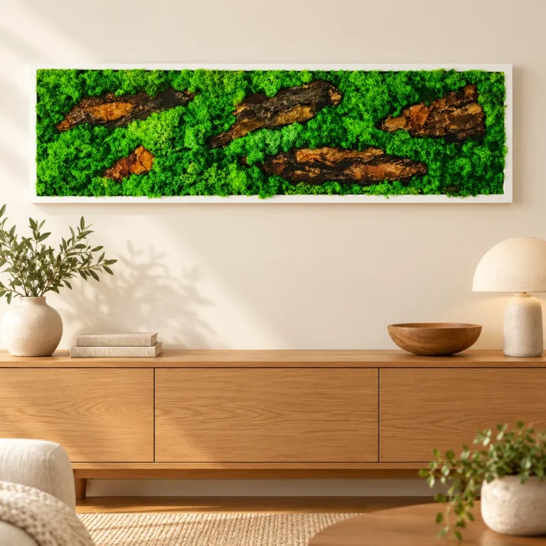 Tablou orizontal cu licheni verzi, cinci bucăți de scoarță și ramă albă, 100x30 cm, vedere pe perete