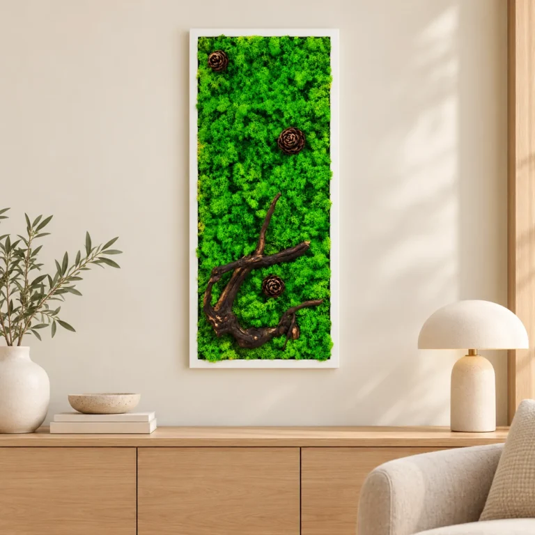 Tablou vertical cu licheni verzi, trei conuri și ramură decorativă, 70×30 cm, ramă albă – vedere pe perete