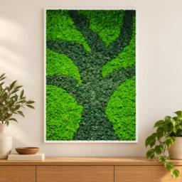 Tablou vertical cu licheni verzi, model de copac și ramă albă, 100x80 cm, vedere pe perete