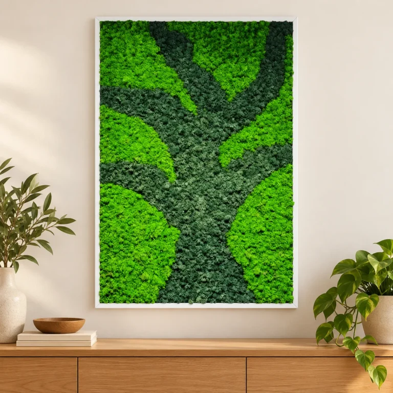 Tablou vertical cu licheni verzi, model de copac și ramă albă, 100x80 cm, vedere pe perete