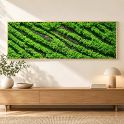 Tablou orizontal cu licheni verzi în dungi diagonale și scoarță, 100x30 cm, vedere pe perete