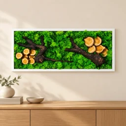 Tablou orizontal cu licheni verzi, rondele și ramuri de lemn, 70×30 cm, ramă albă – vedere pe perete