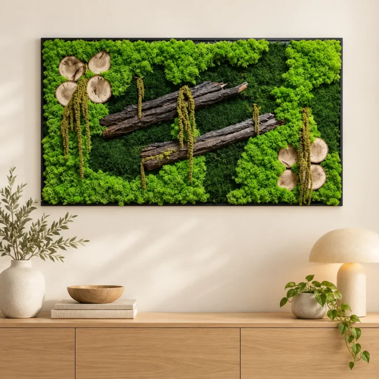 Tablou cu licheni verzi, opt rondele de lemn și două bucăți de scoarță, 120x60 cm, vedere pe perete