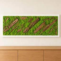 Tablou orizontal cu licheni verzi, scoarță naturală și ramă albă, 100x30 cm, vedere pe perete
