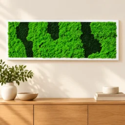 Tablou orizontal cu licheni verzi, trei zone închise și ramă albă, 100x30 cm, vedere pe perete