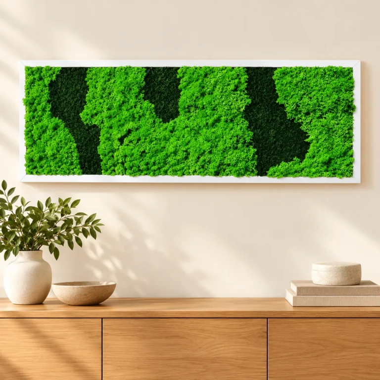 Tablou orizontal cu licheni verzi, trei zone închise și ramă albă, 100x30 cm, vedere pe perete