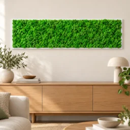 Tablou orizontal cu licheni verde intens pe suport alb subțire, 100x30 cm, vedere pe perete