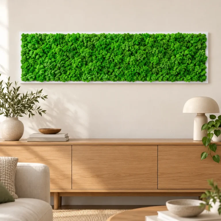 Tablou orizontal cu licheni verde intens pe suport alb subțire, 100x30 cm, vedere pe perete