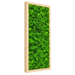 Tablou vertical cu licheni verzi și ramă din lemn natur, 70×30 cm, vedere din stânga