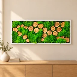 Tablou orizontal cu licheni verzi și 23 de rondele din lemn, 70×30 cm, ramă albă – vedere pe perete