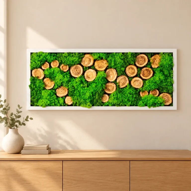 Tablou orizontal cu licheni verzi și 23 de rondele din lemn, 70×30 cm, ramă albă – vedere pe perete