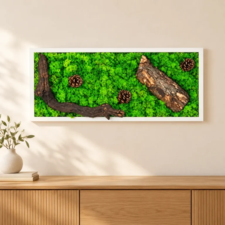 Tablou orizontal cu licheni verzi, scoarță și trei conuri, 70×30 cm, ramă albă – vedere pe perete