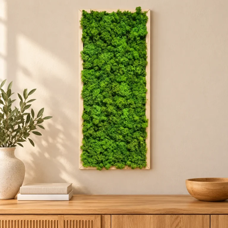 Panou vertical cu licheni stabilizați verzi și ramă din lemn natur, 70x30 cm, vedere pe perete