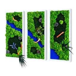 Set de trei tablouri verticale cu licheni verzi, zone albastre și plante decorative, rame albe, 70x30 cm, vedere din dreapta