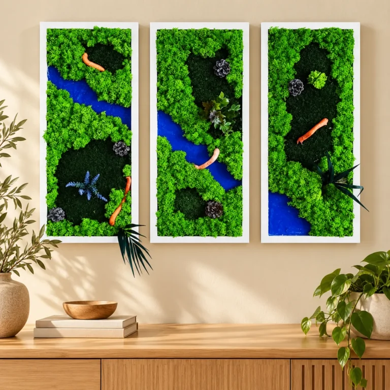 Set de trei tablouri verticale cu licheni verzi, zone albastre și plante decorative, rame albe, 70x30 cm, vedere pe perete