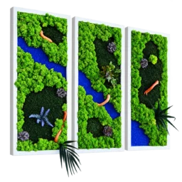 Set de trei tablouri verticale cu licheni verzi, zone albastre și plante decorative, rame albe, 70x30 cm, vedere din stânga