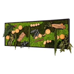 Tablou orizontal cu licheni, mușchi, rondele de lemn, scoarță și plante decorative, 200x100 cm, vedere din dreapta