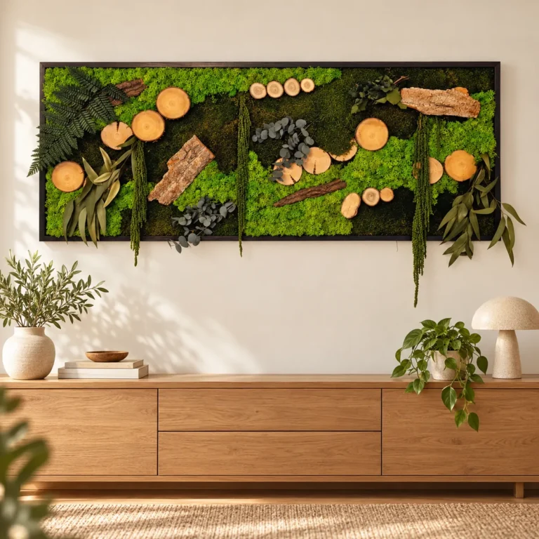 Tablou orizontal cu licheni, mușchi, rondele de lemn, scoarță și plante decorative, 200x100 cm, vedere pe perete