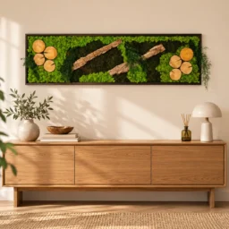 Tablou orizontal cu licheni verzi, opt rondele de lemn și trei bucăți de scoarță, 140x40 cm, vedere pe perete