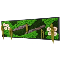 Tablou orizontal cu licheni verzi, opt rondele, două bucăți de scoarță și plante suspendate, 140x40 cm, vedere din dreapta