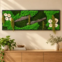 Tablou orizontal cu licheni verzi, opt rondele, două bucăți de scoarță și plante suspendate, 140x40 cm, vedere pe perete