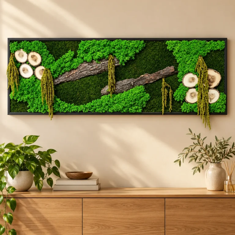 Tablou orizontal cu licheni verzi, opt rondele, două bucăți de scoarță și plante suspendate, 140x40 cm, vedere pe perete