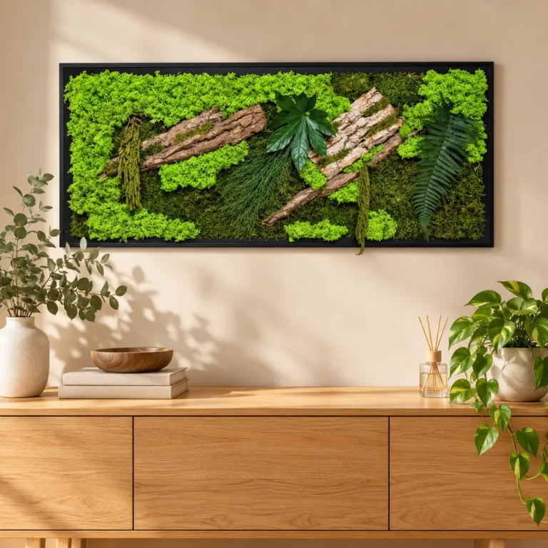 Tablou orizontal cu licheni verzi, scoarță, frunze și ferigă, 100x40 cm, vedere pe perete