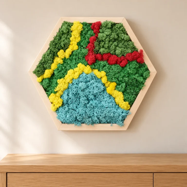 Hexagon cu licheni stabilizați verzi, galbeni, roșii și albaștri, ramă lemn natur, 30x40 cm, vedere pe perete
