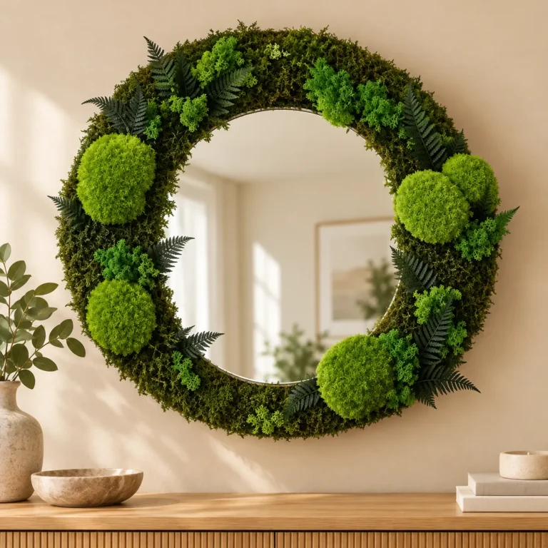 Oglindă rotundă cu licheni verzi, mușchi bombat și ferigi decorative, diametru 50 cm, vedere pe perete