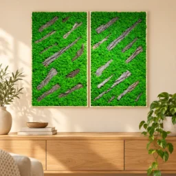 Set de două panouri verticale cu licheni verzi și scoarță oblică, 100x80 cm, vedere pe perete
