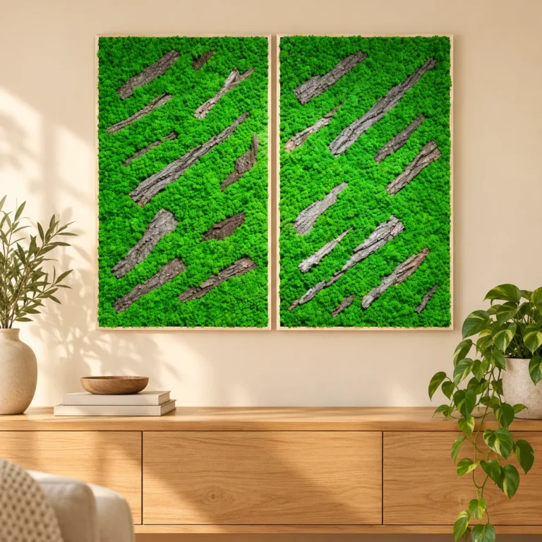 Set de două panouri verticale cu licheni verzi și scoarță oblică, 100x80 cm, vedere pe perete
