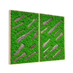 Set de două panouri verticale cu licheni verzi și scoarță oblică, 100x80 cm, vedere din stânga