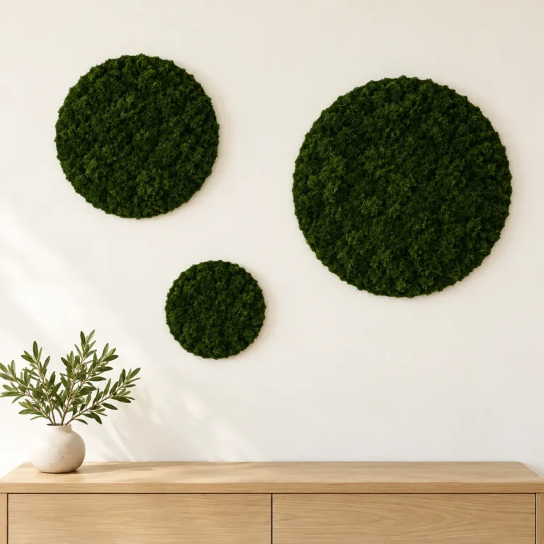 Set de trei cercuri cu licheni stabilizați verde închis, diametre 70, 50 și 30 cm, vedere pe perete