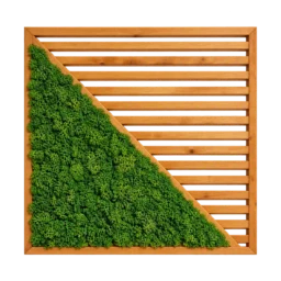 Tablou pătrat cu licheni verzi în triunghi și șipci orizontale din lemn, 50x50 cm, vedere frontală
