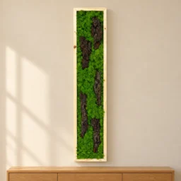 Panou vertical cu licheni verzi și cinci bucăți de scoarță, ramă lemn natur, 100x20 cm, vedere pe perete