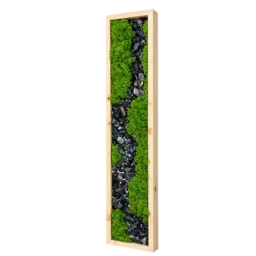 Panou vertical cu licheni verzi și traseu sinuos din pietre închise, ramă lemn natur, 100x20 cm, vedere din dreapta