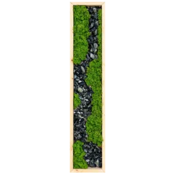 Panou vertical cu licheni verzi și traseu sinuos din pietre închise, ramă lemn natur, 100x20 cm, vedere frontală