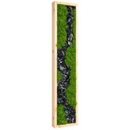 Panou vertical cu licheni verzi și traseu sinuos din pietre închise, ramă lemn natur, 100x20 cm, vedere din stânga
