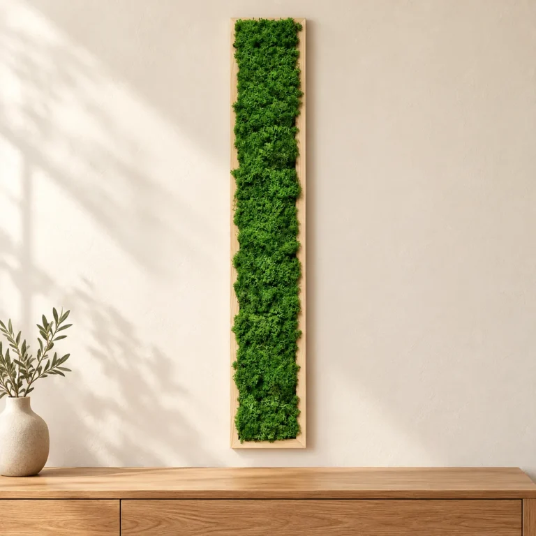 Panou vertical cu licheni stabilizați verzi 100x15 cm, ramă lemn natur, vedere pe perete