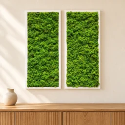 Set de două tablouri cu licheni stabilizați verzi 70x30 cm, rame albe, vedere pe perete