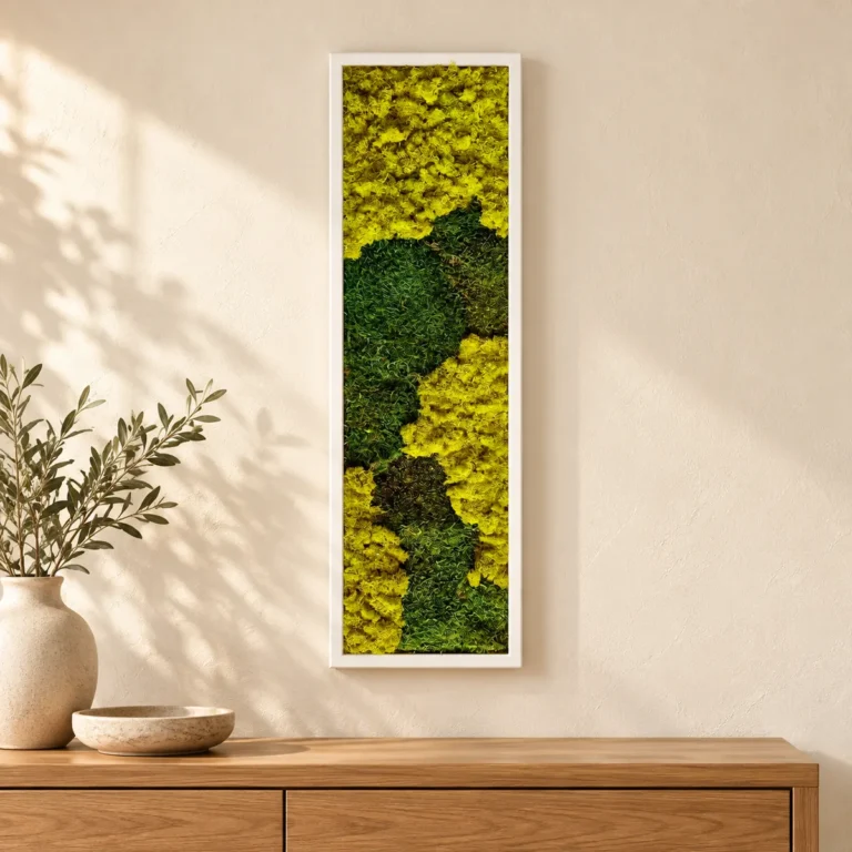 Tablou vertical 100x30 cm cu licheni galben-verzui și mușchi plat, ramă albă, vedere pe perete