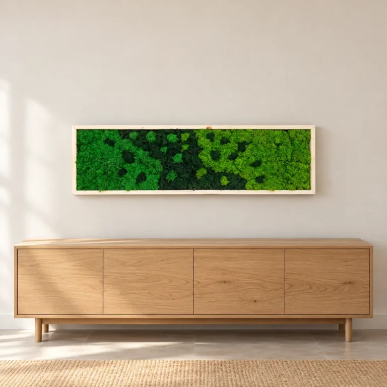 Tablou orizontal cu licheni stabilizați în nuanțe de verde, ramă din lemn natur, 100x30 cm, vedere pe perete