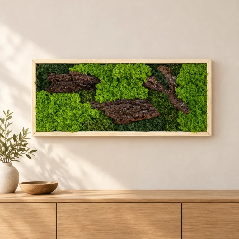 Tablou orizontal cu licheni verzi și trei bucăți de scoarță, ramă lemn natur, 70x30 cm, vedere pe perete