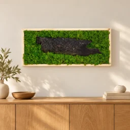 Tablou orizontal cu licheni verzi și scoarță lungă centrală, ramă lemn natur, 70x30 cm, vedere pe perete