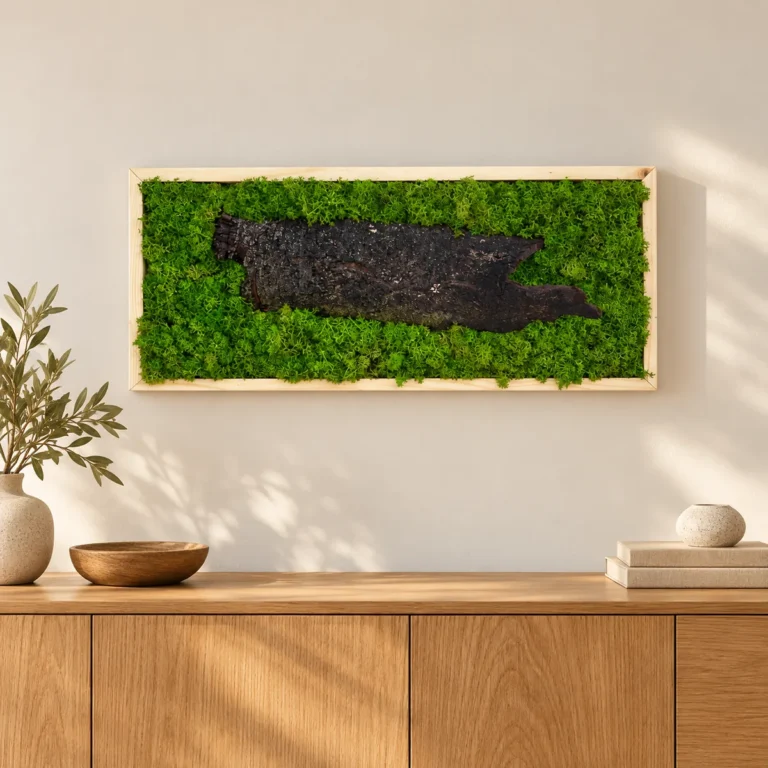 Tablou orizontal cu licheni verzi și scoarță lungă centrală, ramă lemn natur, 70x30 cm, vedere pe perete